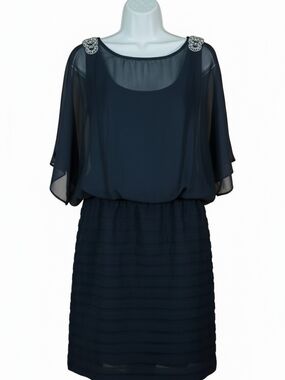 R&M Richards Navy Chiffon Blouson Dress with Beaded Shoulders